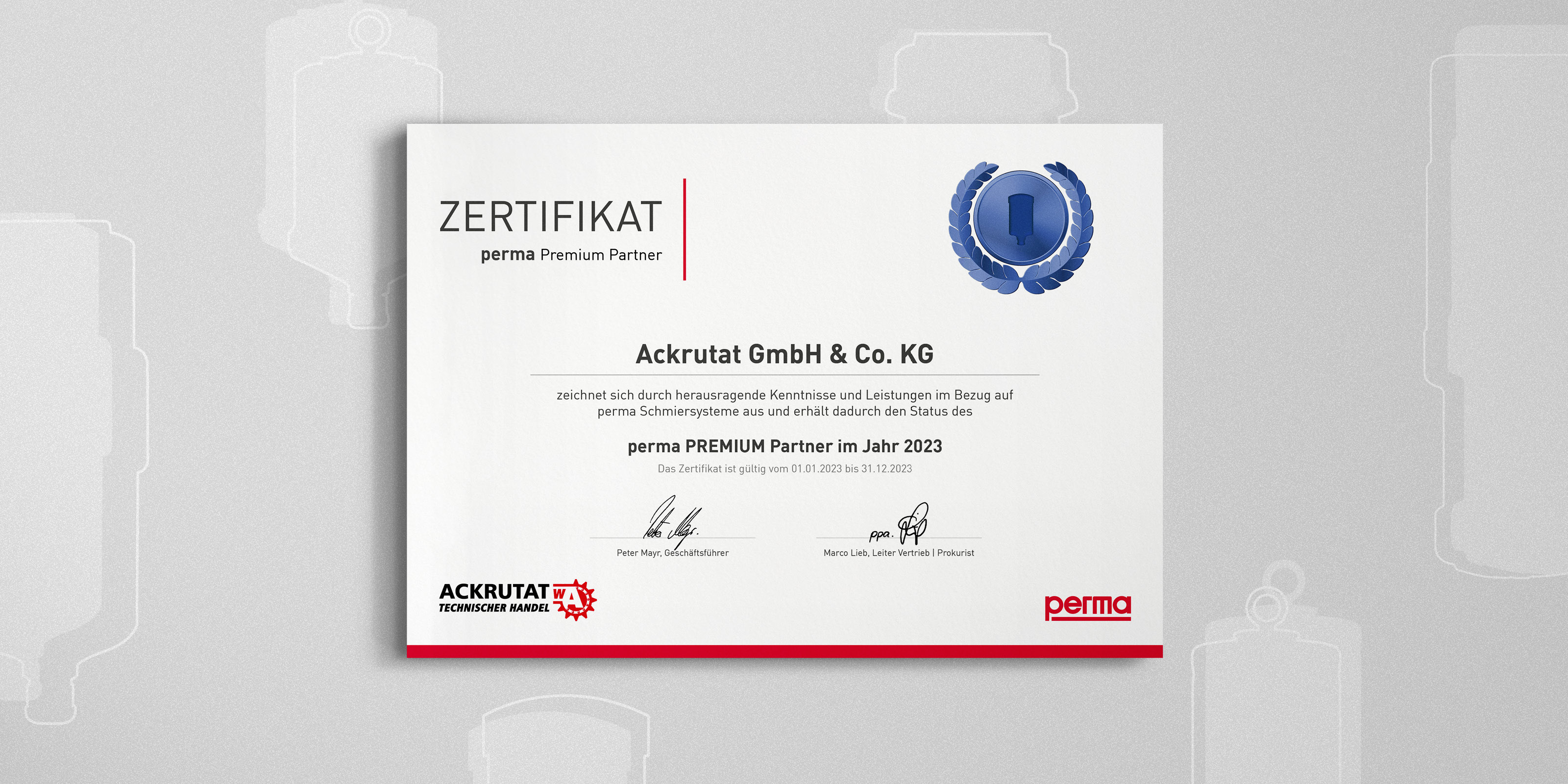 perma Zertifikat | perma Premium Partner Ackrutat GmbH & Co.KG zeichnet sich durch herausragende Kenntnisse und Leistungen im Bezug auf perma Schmiersysteme aus und erhält dadurch den Status des perma PREMIUM Partner im Jahr 2023. Das Zertifikat ist gültig vom 01.01.2023 bis 31.12.2023.