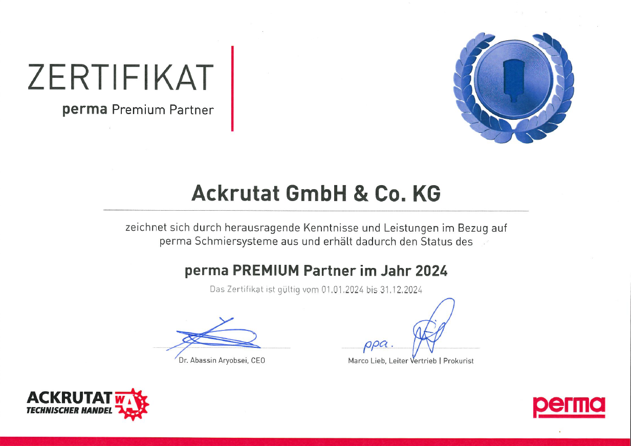 perma Zertifikat | perma Premium Partner Ackrutat GmbH & Co.KG zeichnet sich durch herausragende Kenntnisse und Leistungen im Bezug auf perma Schmiersysteme aus und erhält dadurch den Status des perma PREMIUM Partner im Jahr 2024. Das Zertifikat ist gültig vom 01.01.2024 bis 31.12.2024.