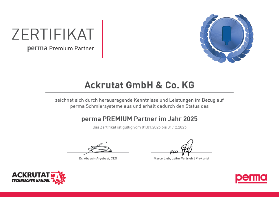 perma Zertifikat | perma Premium Partner Ackrutat GmbH & Co.KG zeichnet sich durch herausragende Kenntnisse und Leistungen im Bezug auf perma Schmiersysteme aus und erhält dadurch den Status des perma PREMIUM Partner im Jahr 2025. Das Zertifikat ist gültig vom 01.01.2025 bis 31.12.2025.